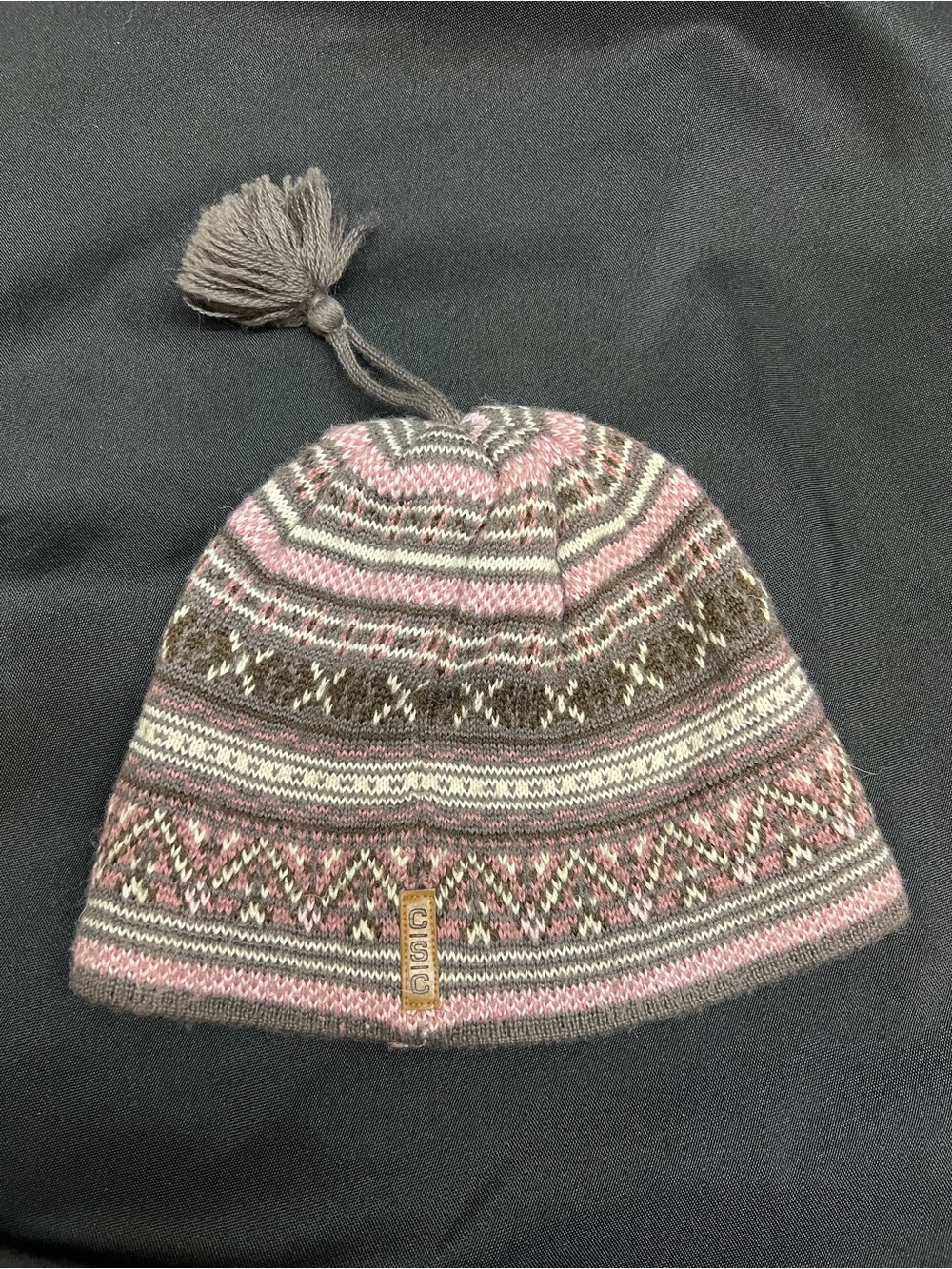 Youth Pink & Gray Fair Isle Knit Beanie with Pom wool blend